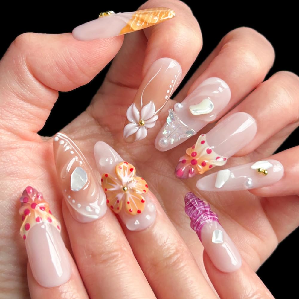 MAGLFELL Nails Press on Nails - Handmade Long Almond Fake Nails, Unique 3D Glossy French Design False Nails for Women, 10 Pcs Acrylic Handmade Fingernails (Size S)