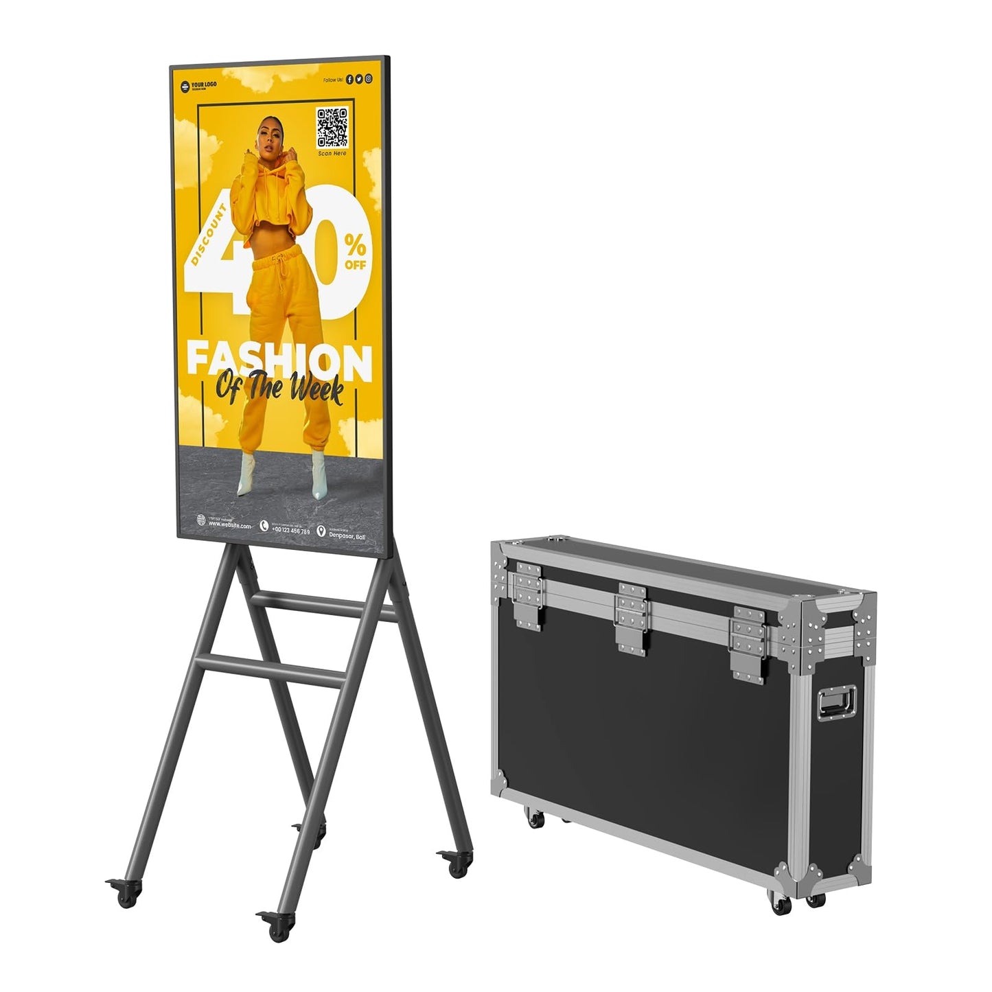 QIXZOCV MWE 43 Inch Mobile Digital Signage Display Kiosk with Flight Case, Portable Digital Poster with Screen Mirroring App Publishing, Advertising Display Kiosk, Android OS