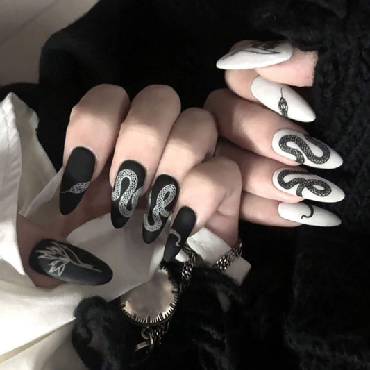 MISUD Press on Nails - Medium Stiletto Glue on Nails with Goth Snake, Acrylic Gothic Black White Design 24 pcs