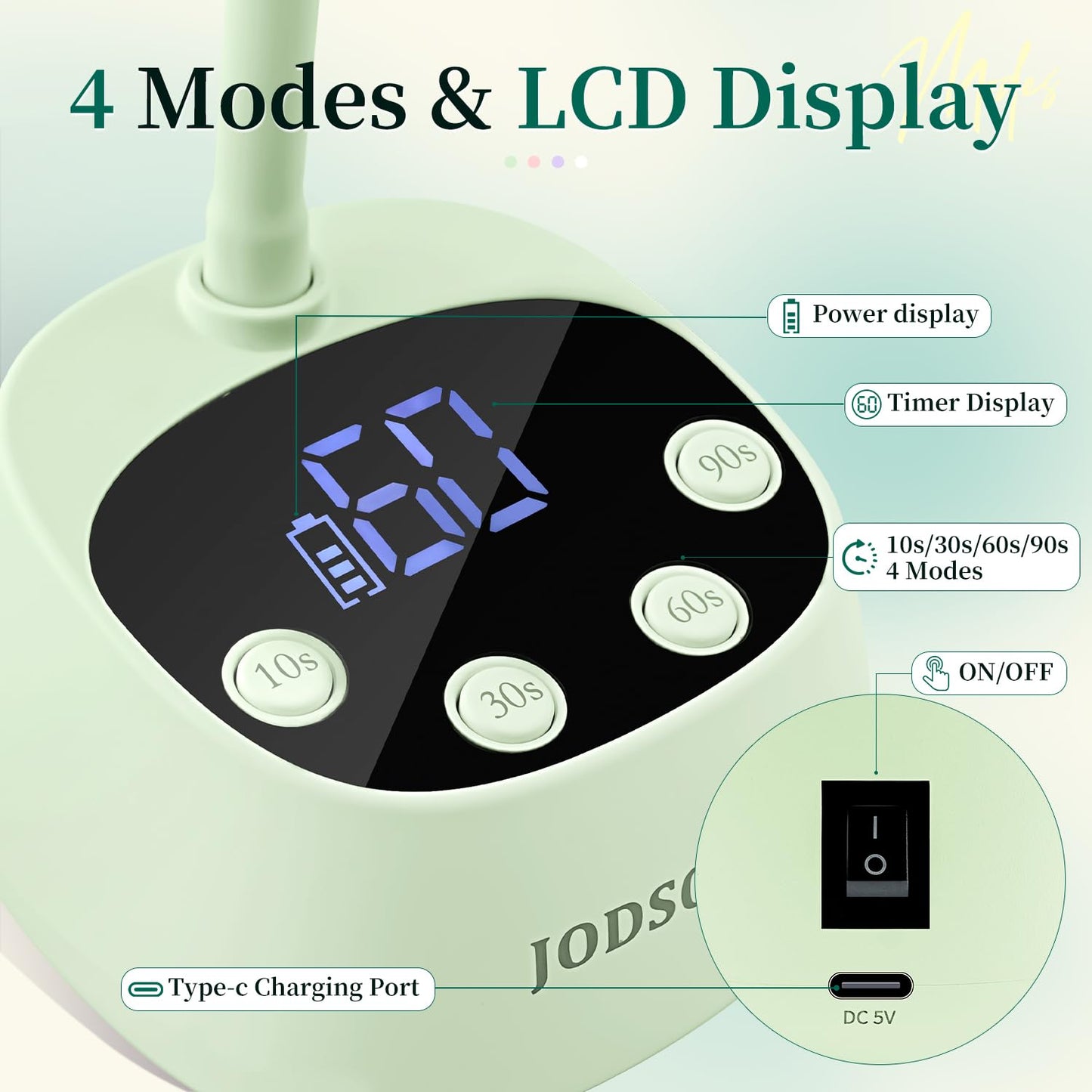 JODSONE Fast Curing U V Nail Lamp - Portable and Flexible Gooseneck Lamp with 360° Adjustable Design, Rechargeable LED Dryer for Gel Polish, Auto Sensor & 4 Timers, Home DIY Manicure Light Mint Green