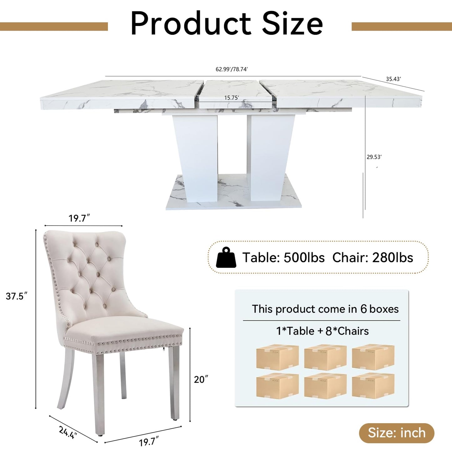 KUVADAZ 63"-78.74" White Faux Marble Extendable Dining Room Table Set for 8, 9-Piece Dining Table Set with 8 Chairs, Rectangle Wooden Expanding Kitchen Table and Beige Upholstered Chairs Set