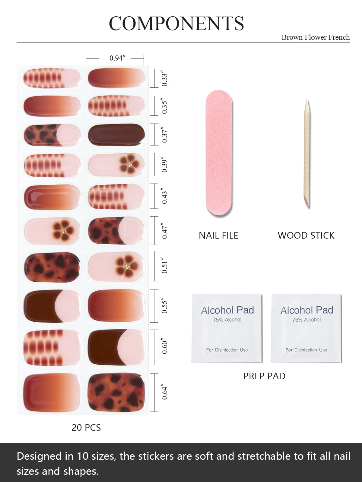 AutyaMee Semi Cured Gel Nail Strips (Brown Flower French), 20 Pcs Fall Gel Nail Wraps, Stickers, UV Light Required, Salon Quality, Long Lasting