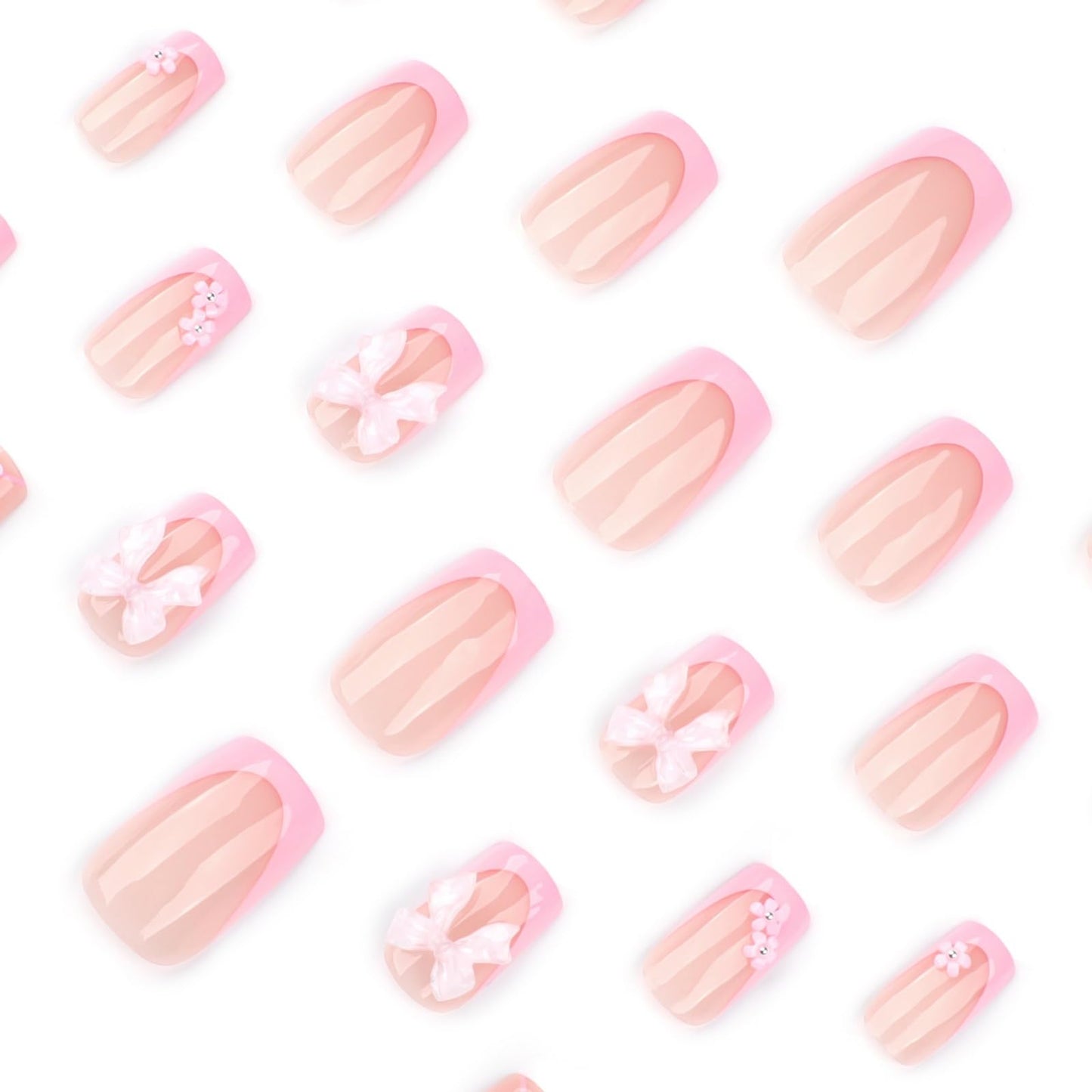 Pink Press on Nails Bow Fake Nails French Tip False Nail Press ons Glossy Full Cover Flower Stick on Nail for Women Manicure 24Pcs