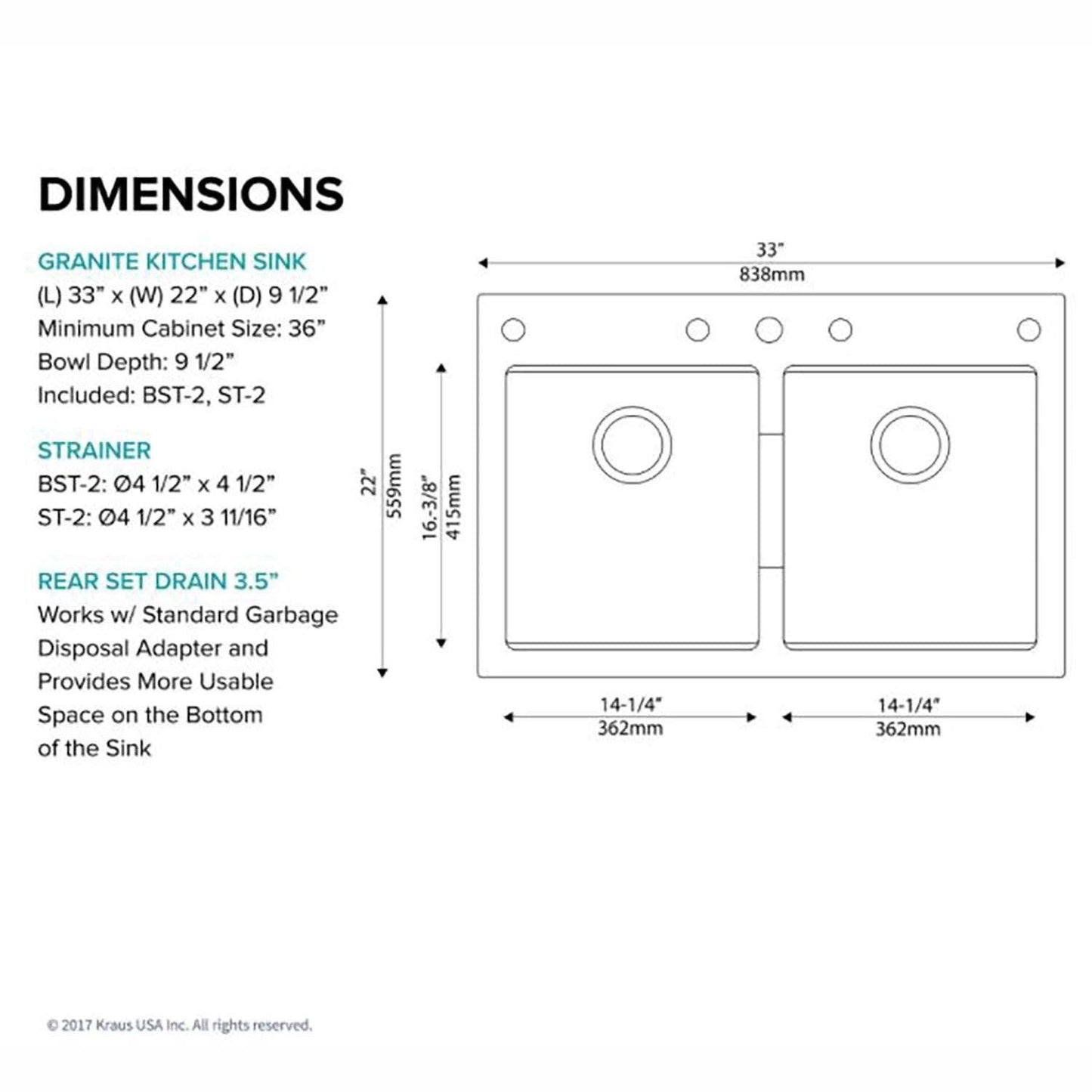 KRAUS Quarza 33-inch Drop-In/Undermount 50/50 Double Bowl Granite Kitchen Sink in Black Onyx, KGD-433B