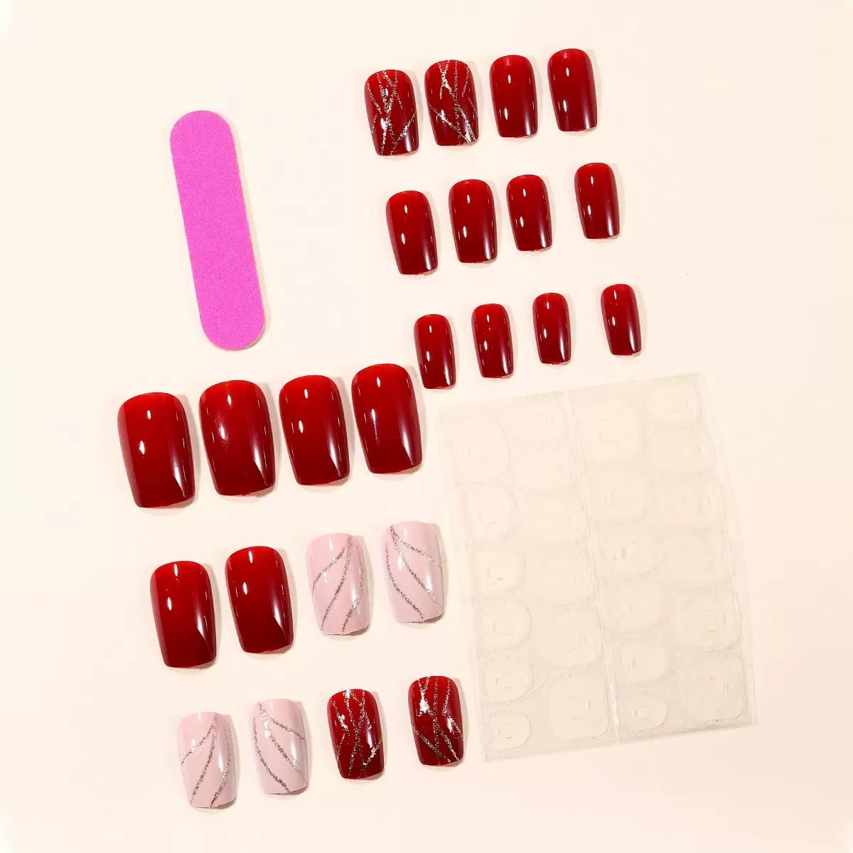 Red Press on Nails Square - Medium Fake Nails with Glitter Line Design - Glossy Full Cover Stick on False Nails - for Women 24 Pcs
