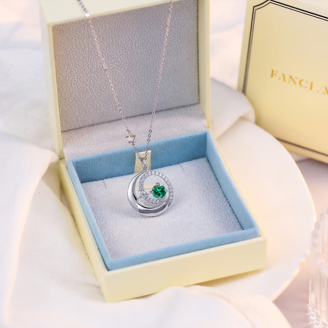 FANCIME Moon Star Necklace, Emerald May Birthstone Necklace for Women 925 Sterling Silver Pendant Green Fine Jewelry Anniversary Birthday Mothers Day Gifts for Mom Women Daughter, Adjustable Chain 16"+2"