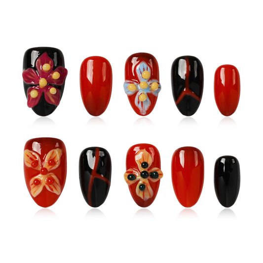 Tesytto Handmade Press on Nails Almond Shape Glossy Reusable False Nails for Nail Art (Crimson Flame Shadow, S)
