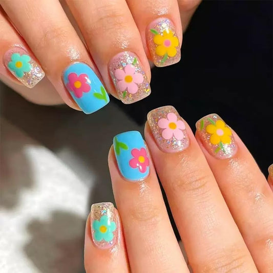 CTTHNBD Short Press on Nails - Square Fake Nails with Colorful Flower Design - Glossy Glitter Full Cover Stick on Nails for Women - 24 Pcs