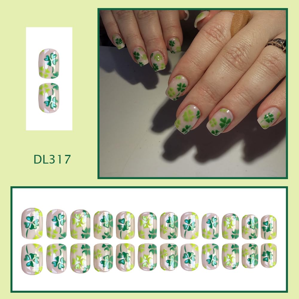 St. Patrick Press on Nails Short Square Green Fake Nails with Four-Leaf Clover Designs Glossy Full Cover Stick on Nails Spring Reusable Acrylic Nails Cute False Nails for Women Girls Manicure Kit