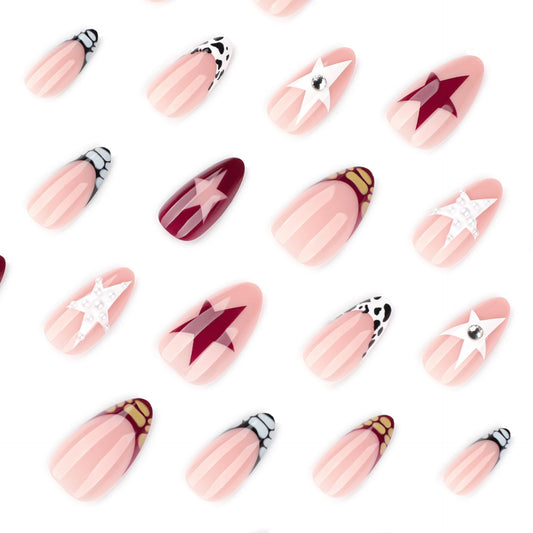 24pcs Star Press on Nails Medium Almond Fake Nails with Crocodile French Tip Designs False Nails Rhinestones Pearl Glue on Nail Full Cover Reusable Acrylic Stick on Nail for Women Manicure