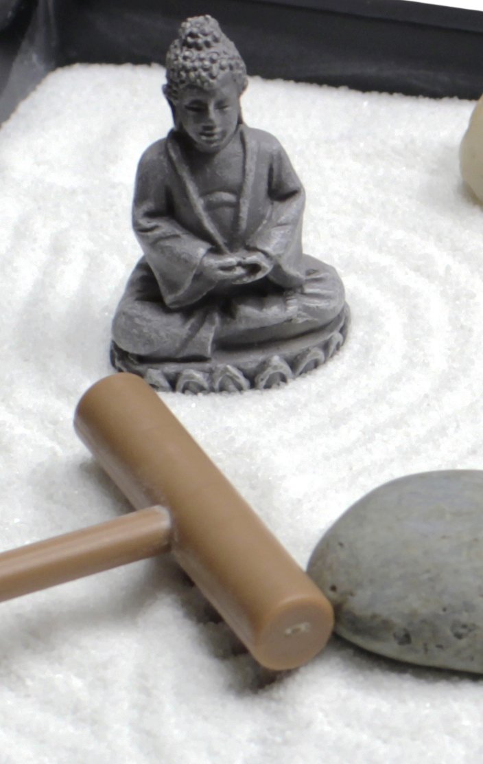 Nature's Mark Mini Zen Garden Kit for Desk with Rake, White Sand, Buddha Figure, Bridge Figure and River Rocks, Black Rectangle Base