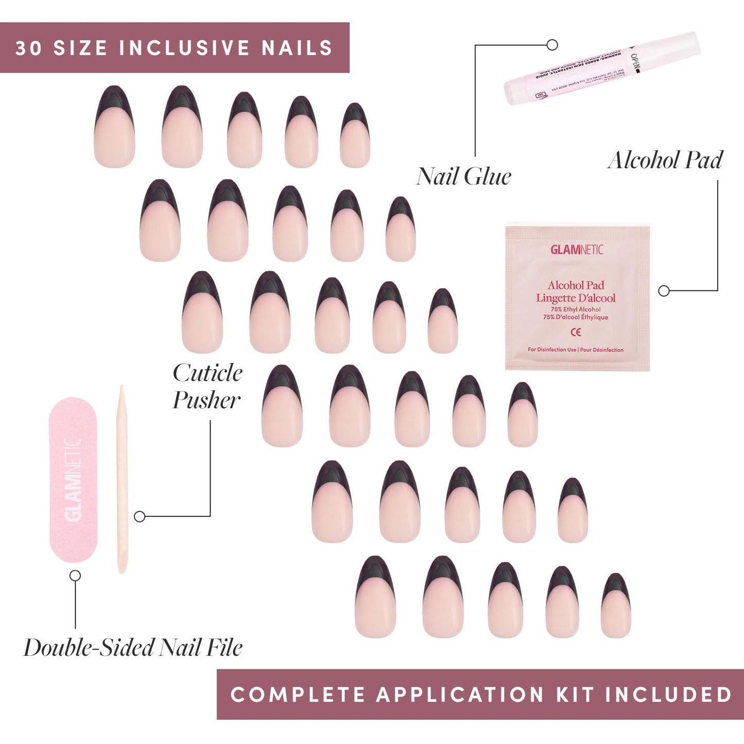 Glamnetic Press-On Nails Bundle - 'Til Death, Angel & Caviar | Ombre 3D Lace Fake Nails | Opaque White Nails | Short Almond Black French Tip False Nails