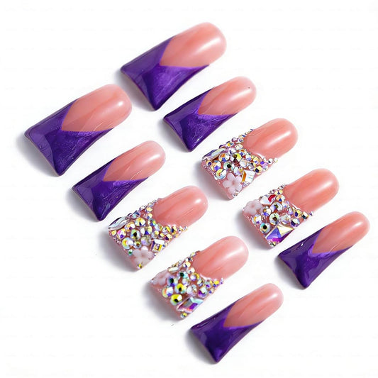 IntoVibes 10 Pieces Handmade Luxury Metallic Electric Purple Shimmer With AB Crystal Shine Long Press On Nails With Bling Rhinestones And Y2K Princess Vibes, Reusable Acrylic Nails (M)