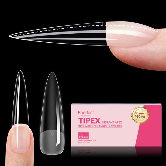 Beetles Tipex Instant Apex Nail Tips, XL Long Stiletto, 16 Sizes | 00–14, 160PCS, Built-in Apex Acrylic Tips for Flat & Natural Nail Beds, Beginner-Friendly Easy DIY Nail Extensions
