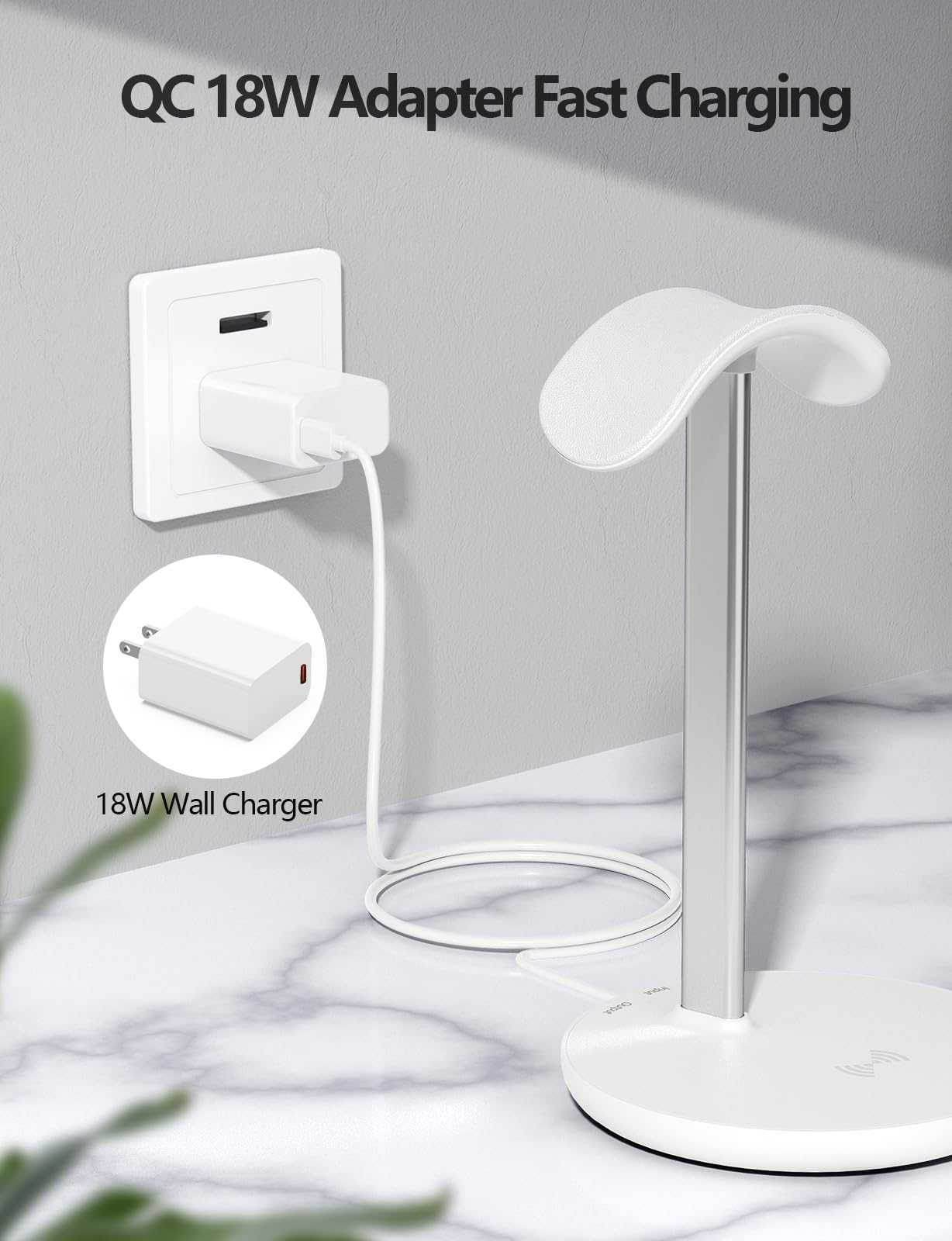 Miroddi Headphone Stand with Wireless Charger, Independent USB Charging Port, 5 in 1 Charging Station Headset Holder Rack for AirPods Max/Pro/4/3/2, iWatch, iPhone, Samsung and Desk Headphones, White