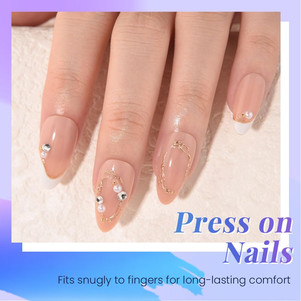 evpct Nude 3D Press on Nails Short Almond, White French Tip Nail Short Almond with Gold Line Design, Glossy Stick on Nails for Women Gift, Reusable Full Cover Soft Gel Press on Fake Nail with Design