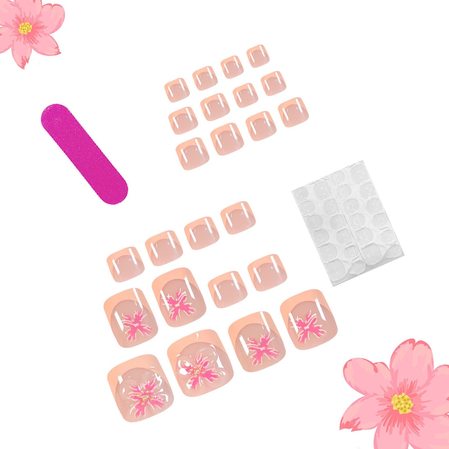 24Pcs Summer Press on Toenails Short Square Fake Toe Nails with 3D Flower Design French Tip False Toenails Pink Flower Glue on Nails Glossy Nude Full Cover Acrylic Toenails for Women