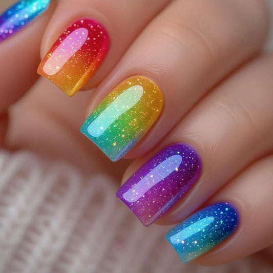 Colorful Press on Nail Short Square Fake Nails Full Cover Gradient Press ones with designs Stick on Nail Glossy Summer Glue on Nails Glitter Reusable False Nails for Women 24pcs