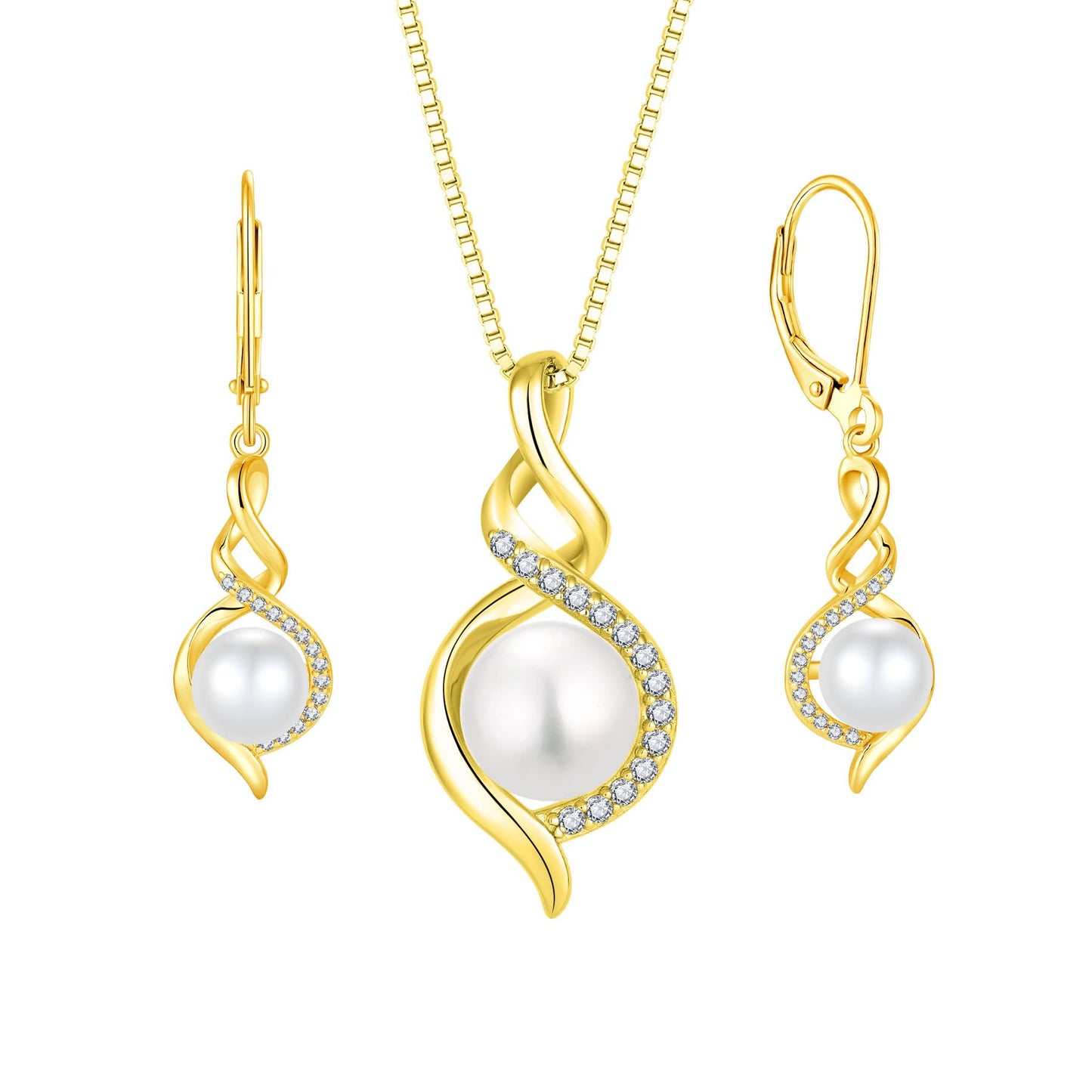 Rocayi Pearl 18K Yellow Gold Plated Infinity Earrings and Necklace Jewelry Set for Women