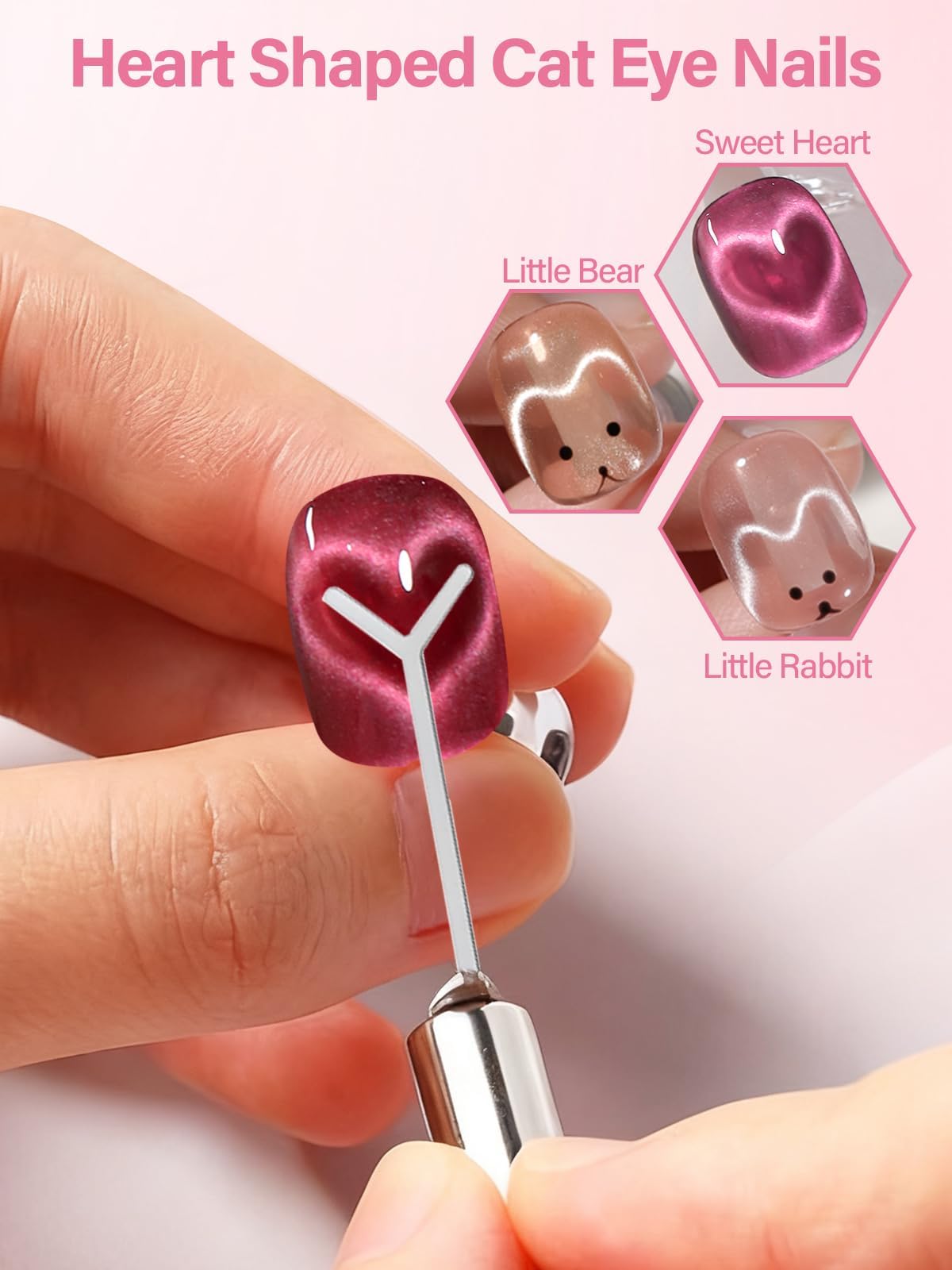 EBANKU Cat Eye Magnetic for Nails, 17PCS Cat Eye Gel Nail Polish Magnet Tools Powerful Set Wand Magnet for Nail Polish Square Round Y Shaped Heart Magnet Stick Diverse Glassy Cateye Effect