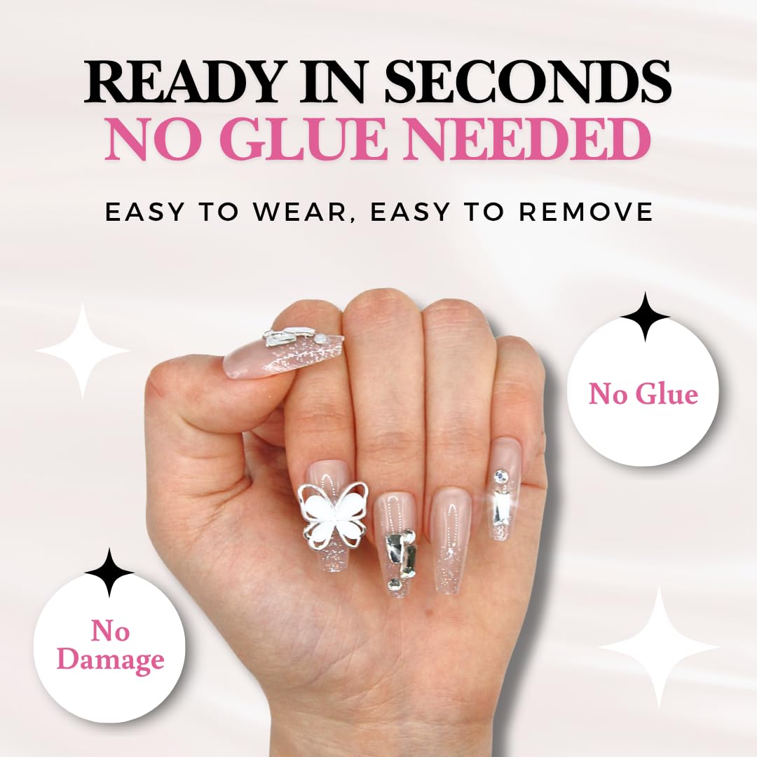 Votrenaeil Press On Nails - Moonlit Wings | No Glue Long Coffin Nude Glitter Nails with 3D Butterfly for Wedding - 24 Pcs Nail Kit with Adhesive Tabs