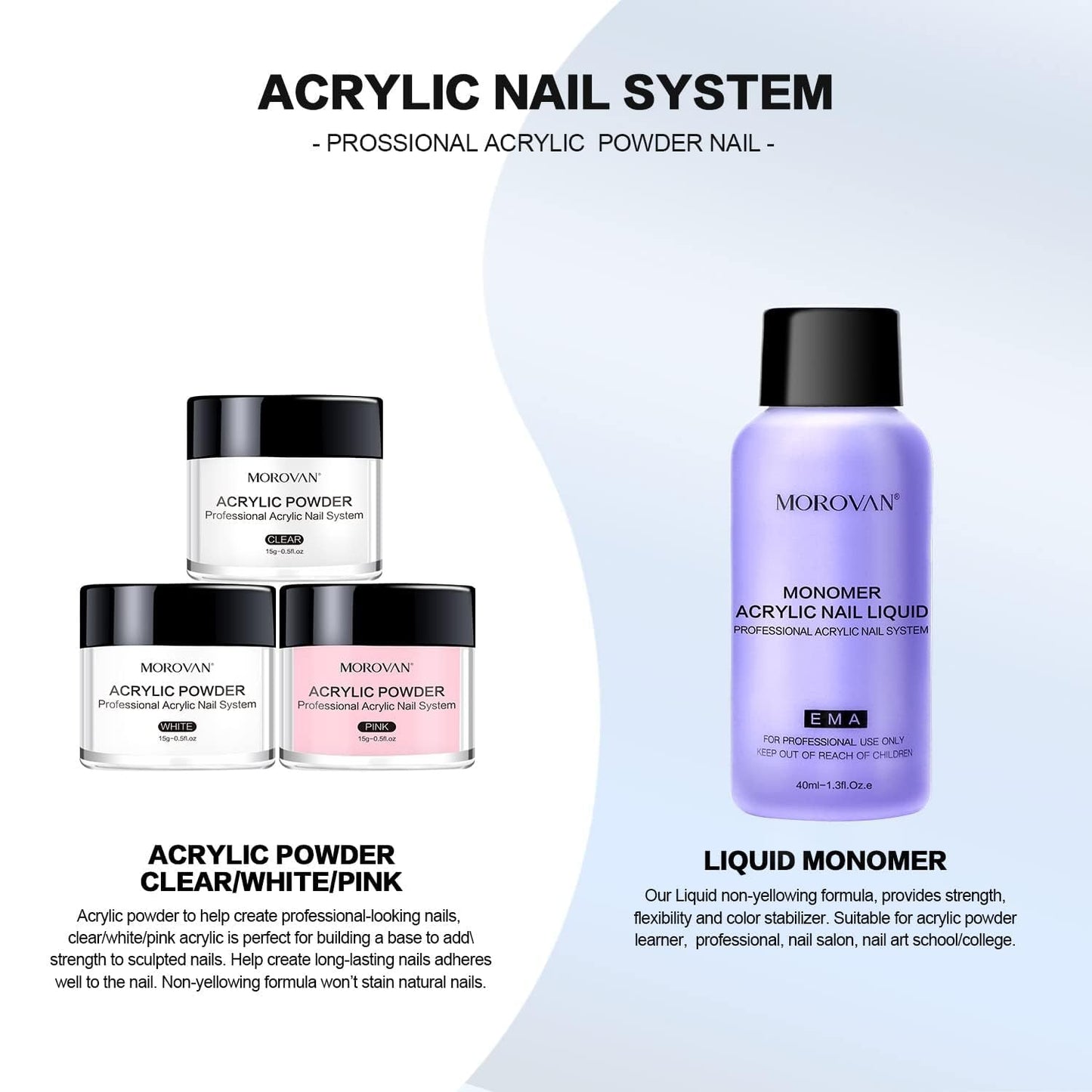 Morovan Acrylic Nail Kit: Clear Pink White Powder and Professional Liquid Set for Nail Extension - DIY at Home With Brush for Beginners