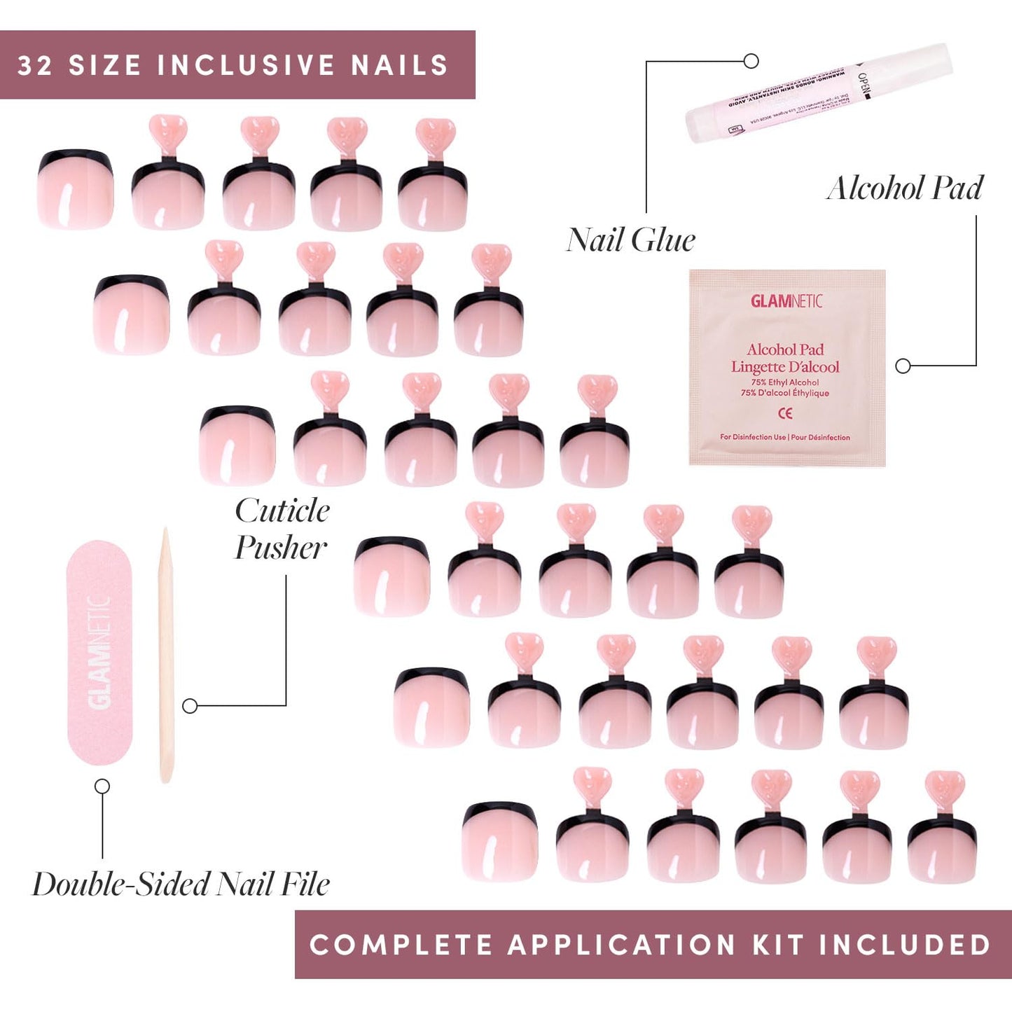 Glamnetic Press On Toenails - Caviar | Classic Black French Tip Fake Toe Nails with a Glossy Finish | 16 Sizes - 32 Toe Nail Kit with Glue