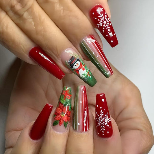 Christmas Long Press on Nails Snowflake Holly Fake Nails with Green Stripe Designs Snowman Winter Coffin Shaped False Nails for Women Xmas Glue on Nail Full Cover Reusable Stick on Nail