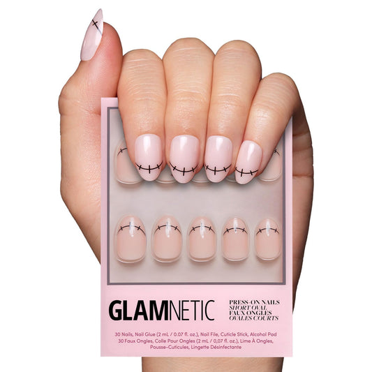 Glamnetic Press On Nails - Frankenbabe | Semi-Transparent Stitched Tip Graphic Short Oval Fake Halloween Nails, Salon Quality | 15 Sizes - 30 Nail Kit