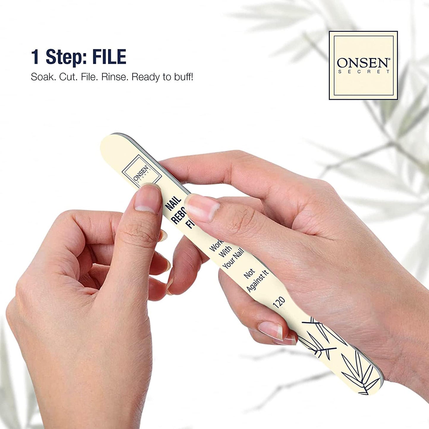 Onsen Secret Complete Nail Reboot Kit w/Cuticle Oil 10ml, Nail File 120/180 Grit Double Sided, A 3-Way Buffer Block & Cuticle Serum-15ml in Action | Super Value Pack
