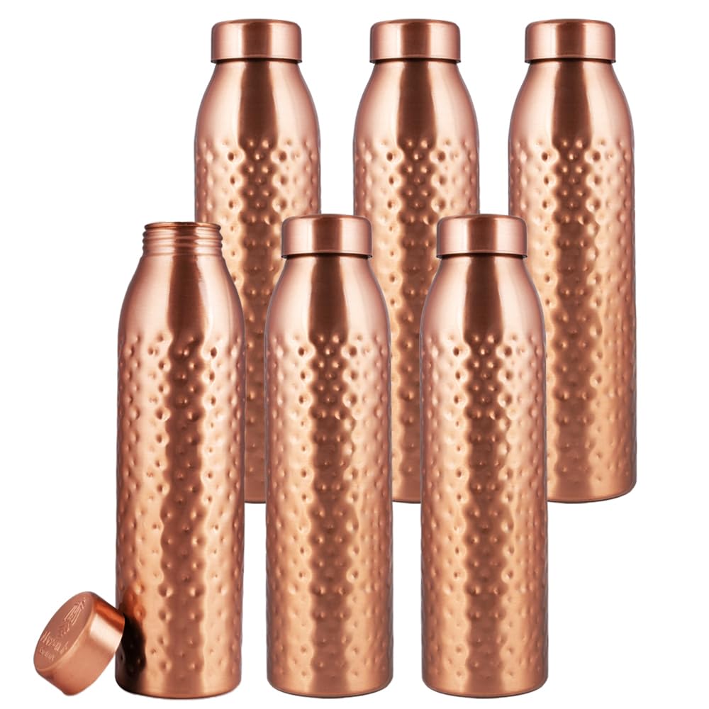 NORMAN JR, Copper Water Bottle 1L - Gift Box of 6, Hammered, an Ayurvedic vessel made from pure copper - helps you drink more water, with many health benefits