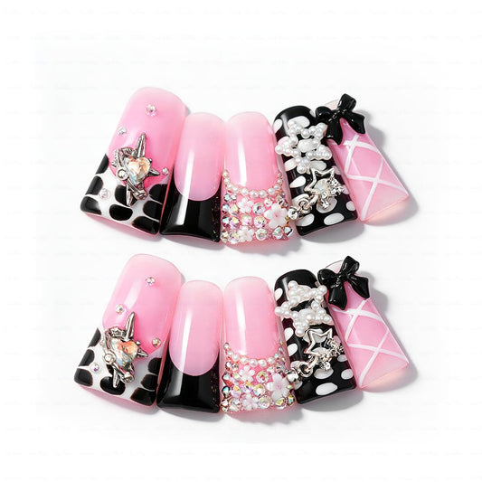 IntoVibes 10 Pieces Luxury Acrylic Press On Nails Long Handmade Duck Nails, Black Thickened False French Nails, With 3D Bowknot And Stars, Reusable Fake Nails, Acrylic Nails (M)