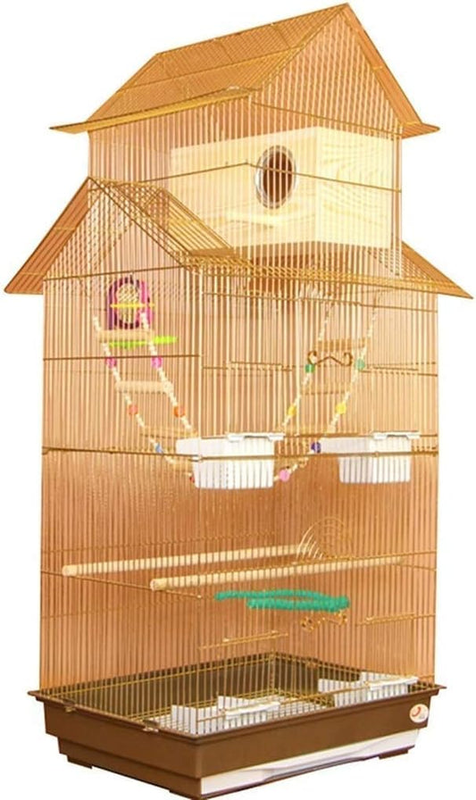 KYTGFH Professional Birdcage Pet Supplies Bird Carrier Gardening Decor Parrot Cages for Large Birds, Household Large Golden Parrot Cage, House-Shaped Decorative Bird Cage, Parak,Gold e