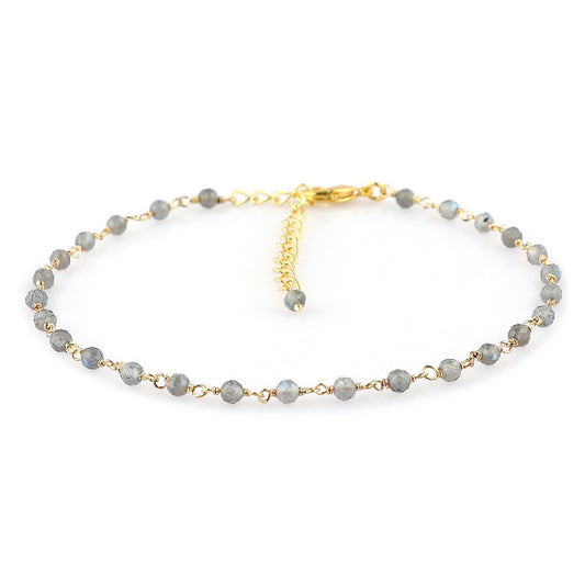 JOR Natural Labradorite Beaded Rosary Anklet, Handmade Craft, Anklet Beads Bracelet, Chakra Healing Anklet, Gemstone Women Jewelry, Hypoallergenic Gold Plated Anklet 9 inch + 2 inch (1pcs)