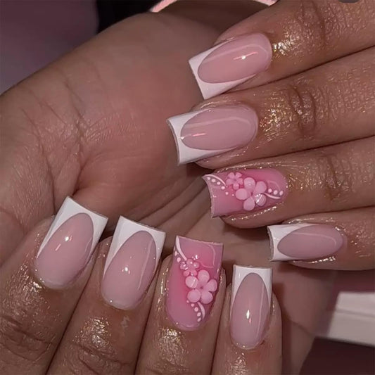 CTTHNBD Press on Nails Square - Short Fake Nails with Floral Chrams Design - White French Tip False Nails Press ons - for Women 24 Pcs