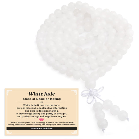 AD Beads 8mm 108 Prayer Mala White Jade Elastic Bracelet - Decision Making - Handmade Yoga Meditation Healing Power Energy Gifts for Unisex Adult.