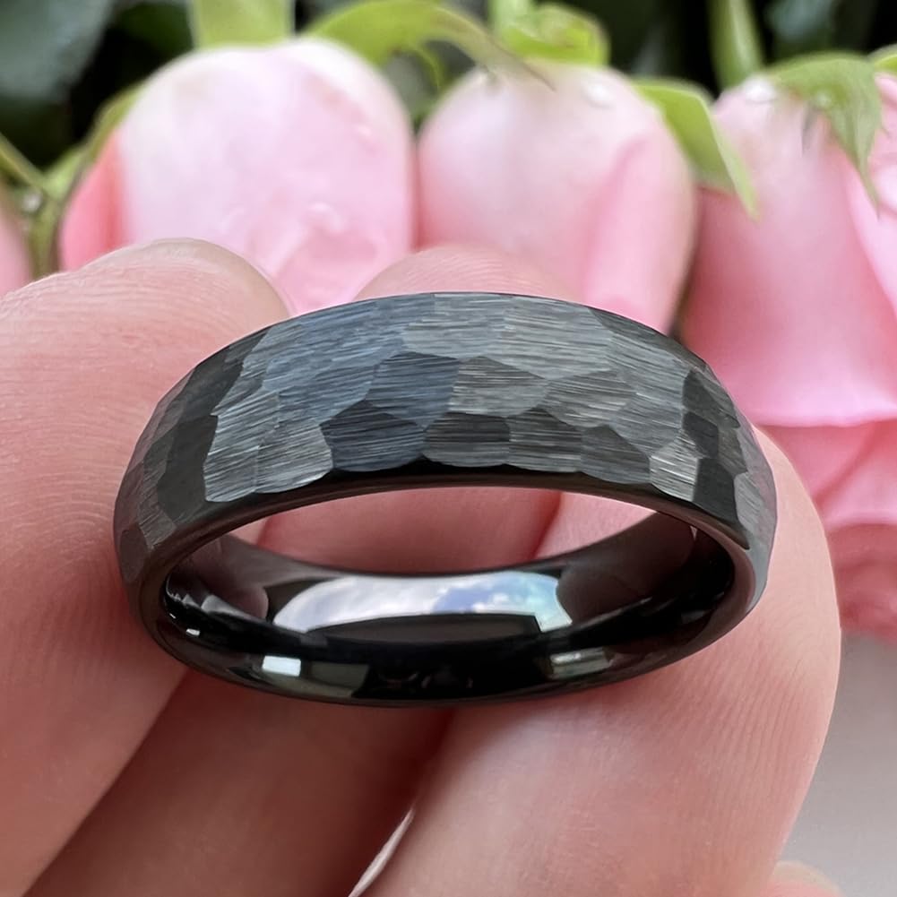 TUTISS 6mm Black Hammered Tungsten Carbide Rings for Men Women Engagement Wedding Bands Domed I Love You Engraved Comfort Fit Size 10