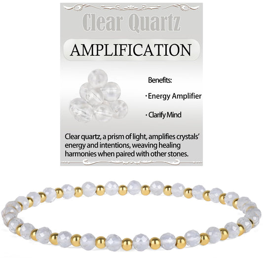 QOGIR Clear Quartz - Amplification - 14K Gold Plated Beads Natural Gemstone Stretch Elastic Dainty Healing Beaded Bracelets Gifts 4mm