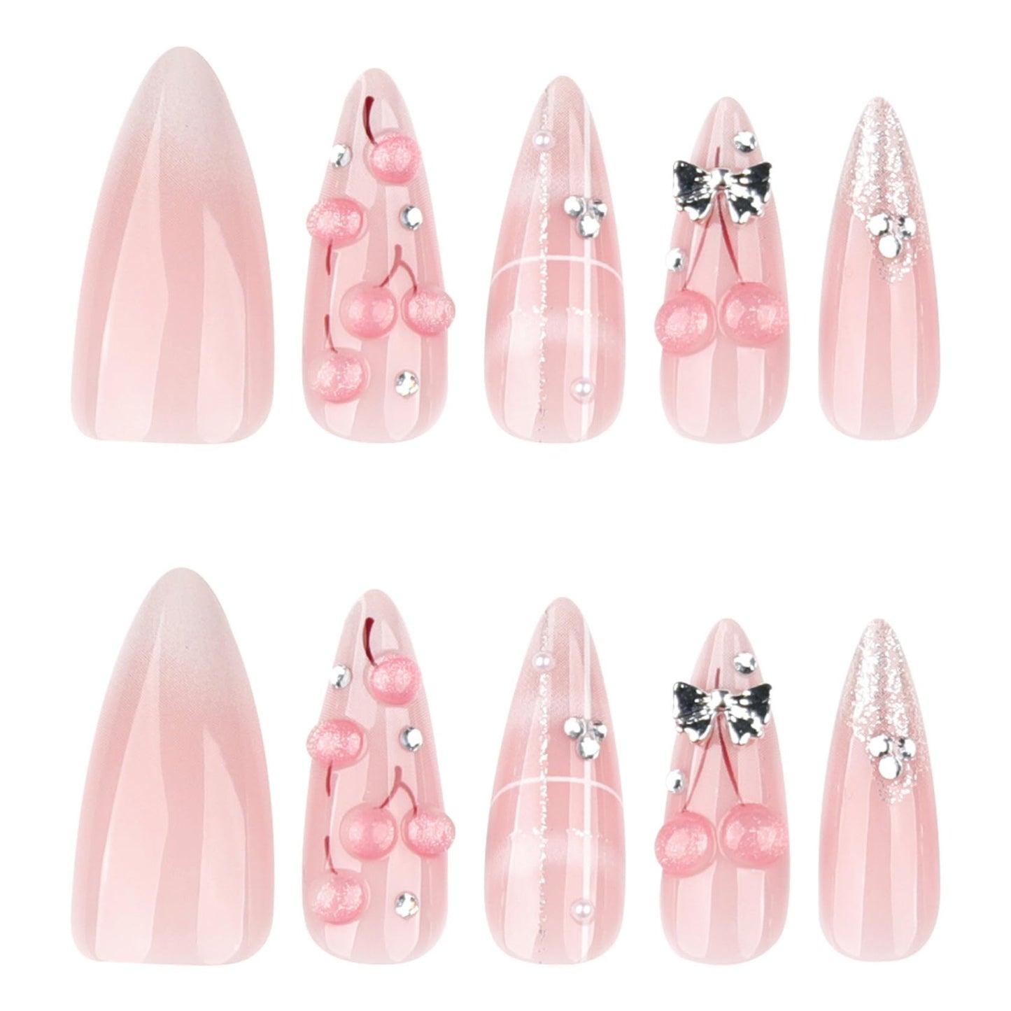 Medium Almond Press on Nails for Women,Cherry Blossom & Silver Bow,Fake Nails Artificial Stick on Nails