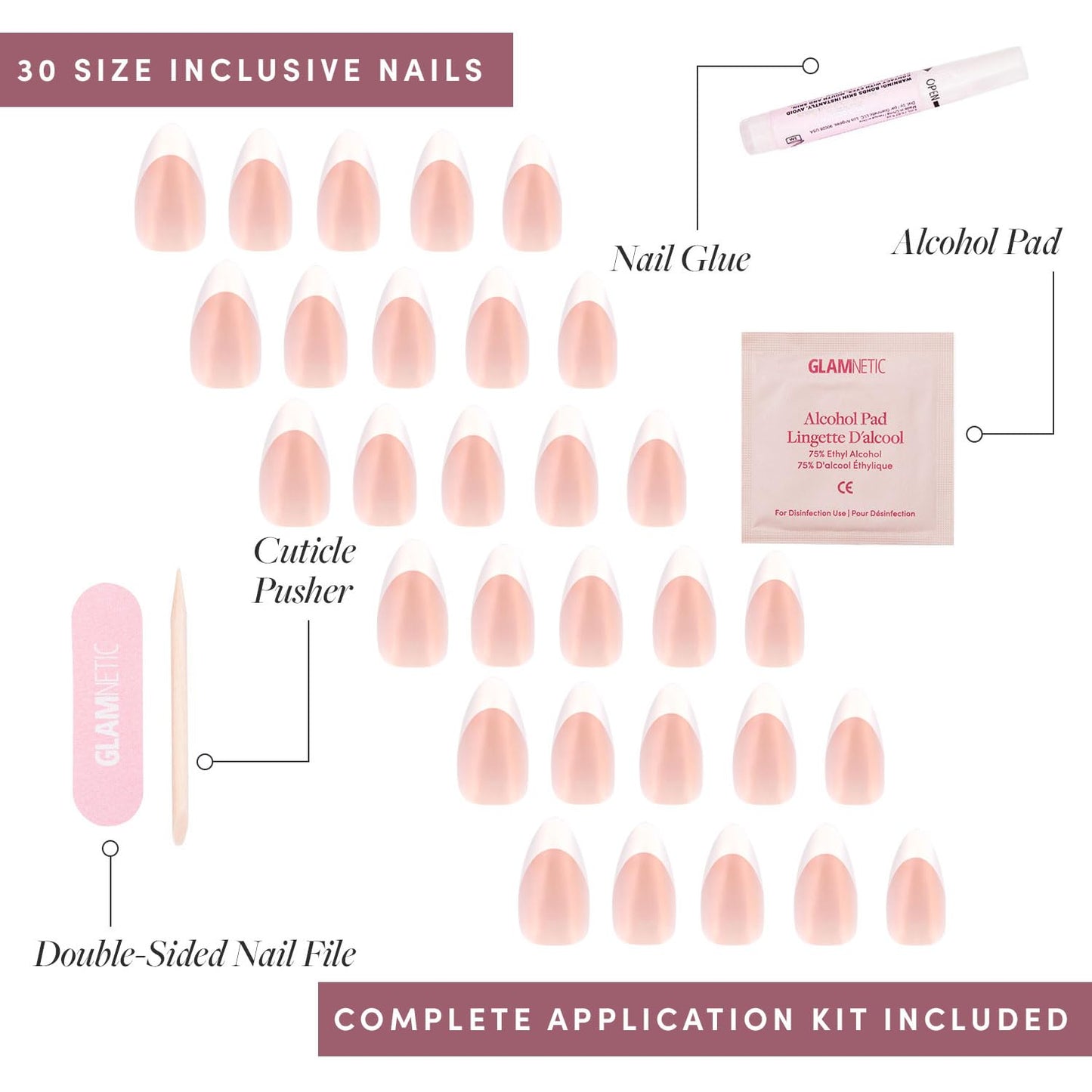Glamnetic Press On Nails - Mrs. | Short Almond Fake Nails with French Tips and Glossy, Glazed Finish, Salon Quality | 15 Sizes - 30 Nail Kit with Glue