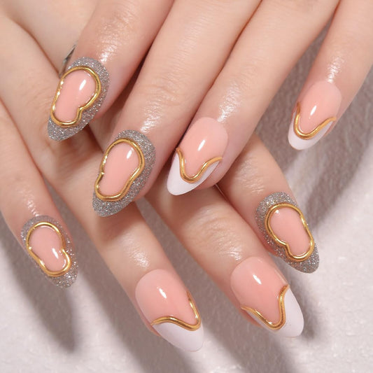evpct French Tip Press On Nails Short Almond, Nude + Gold Line & White Tips, Silver Gray Glitter Short Almond Fake False Press on Nails, Reusable Gel Stick on nail Press ons with Nail Kit