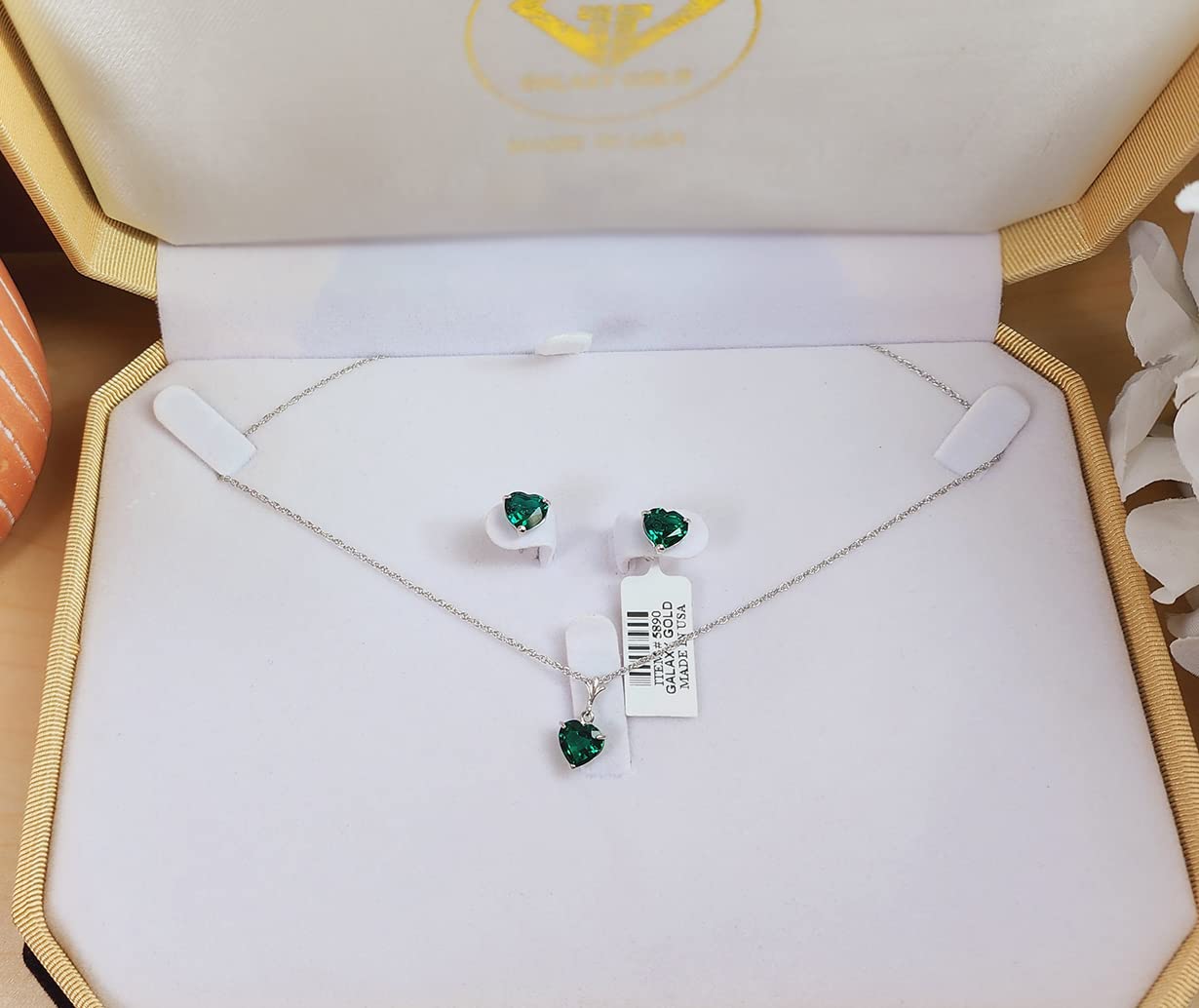 Galaxy Gold GG 14K Solid Yellow Gold Lab Grown Emerald Heart Necklace and Earring Set for Women, 18 Inch Chain, Fine Jewelry
