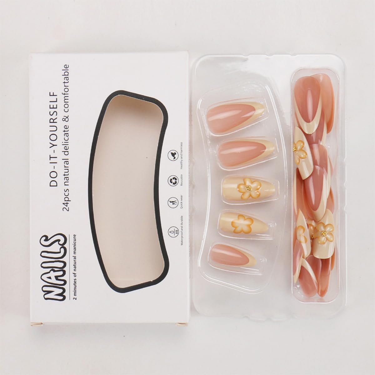 Flower Press on Nails Medium Almond Fake Nails Press ons with Yellow Floral Designs Yellow French Tip Nails Glossy Acrylic Nails Full Cover Spring Glue on Nails for Women Manicure 24Pcs