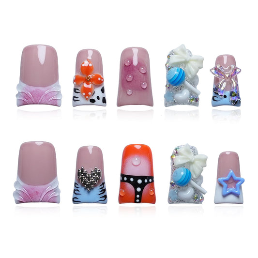 Tesytto Duck Handmade Press on Nails 3D Florals Bow Candy Heart Nails Charms Design - Flower French Tip Short False Nails Multicolor Thick Acrylic Artificial Stick On Nails (Sweet Dream Candy Pops,L)