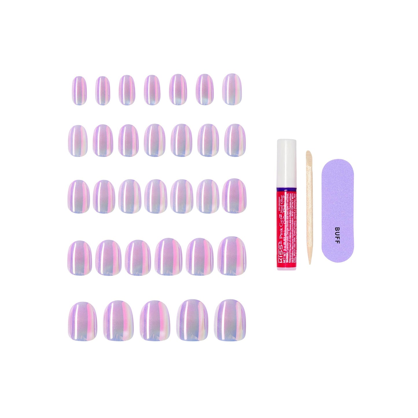 Kiss Glam, Press On Nails, Nail glue included, 'One n Only', Pink, Short Size, Round Shape, Includes 32 Nails, 2g Glue, 1 Manicure Stick, 1 Mini File