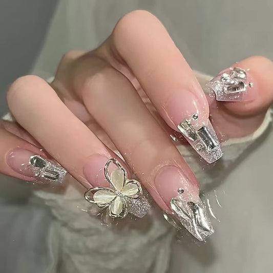 24Pcs Artificial Acrylic Fake Nails With Butterfly Rhinestone Designs, Press on Square Medium Length, Full Cover Reusable Coffin False Set, Women Glue on for Nail Art