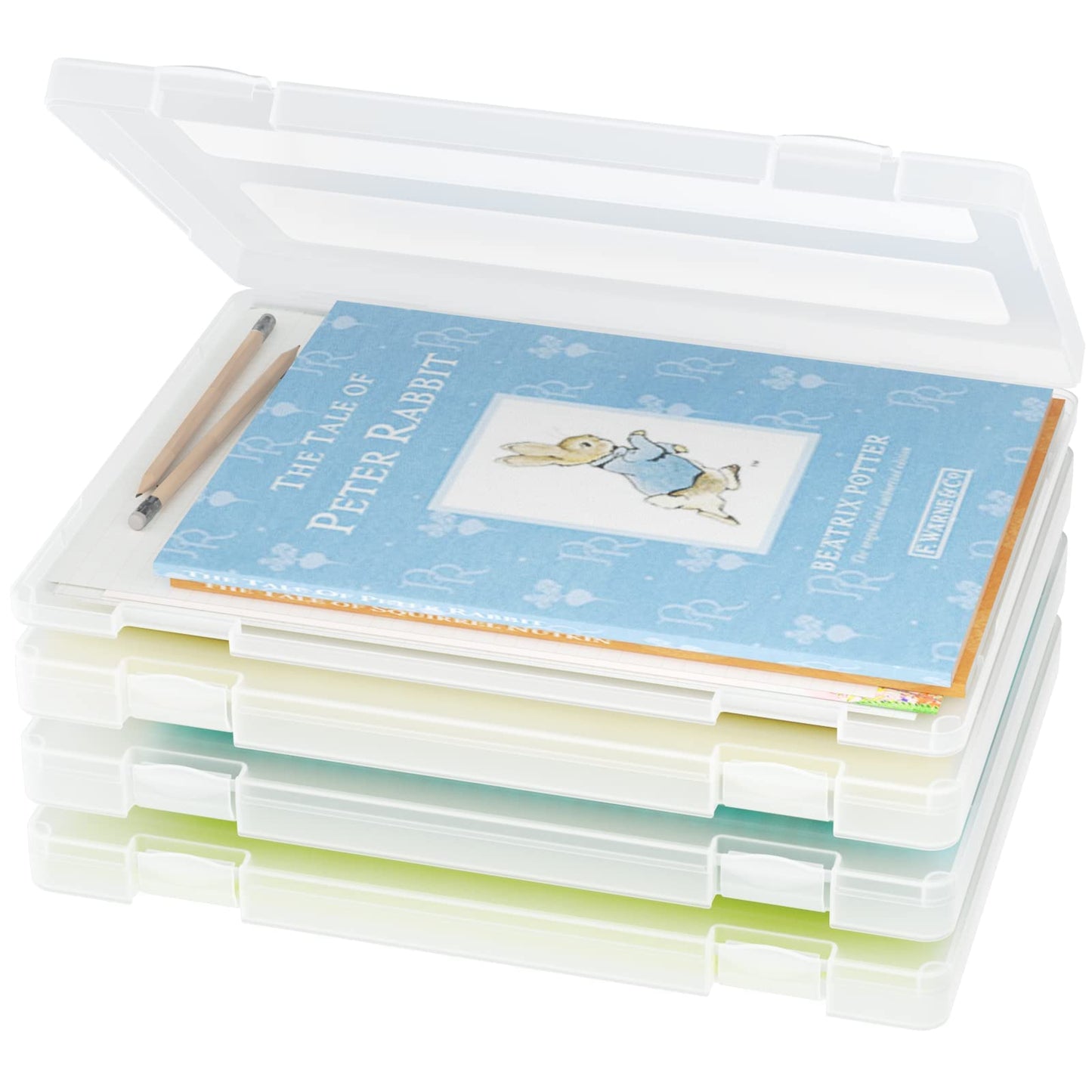 iBune 4-Pack A4 Plastic Paper Organizer Box, Scrapbook Storage for 8.5” x 11” Letter Papers, Portable Document Holder, Photo Storage Box Sticker Art Supplies Organizers, 12.2” x 8.9” x 0.7” Inner Size