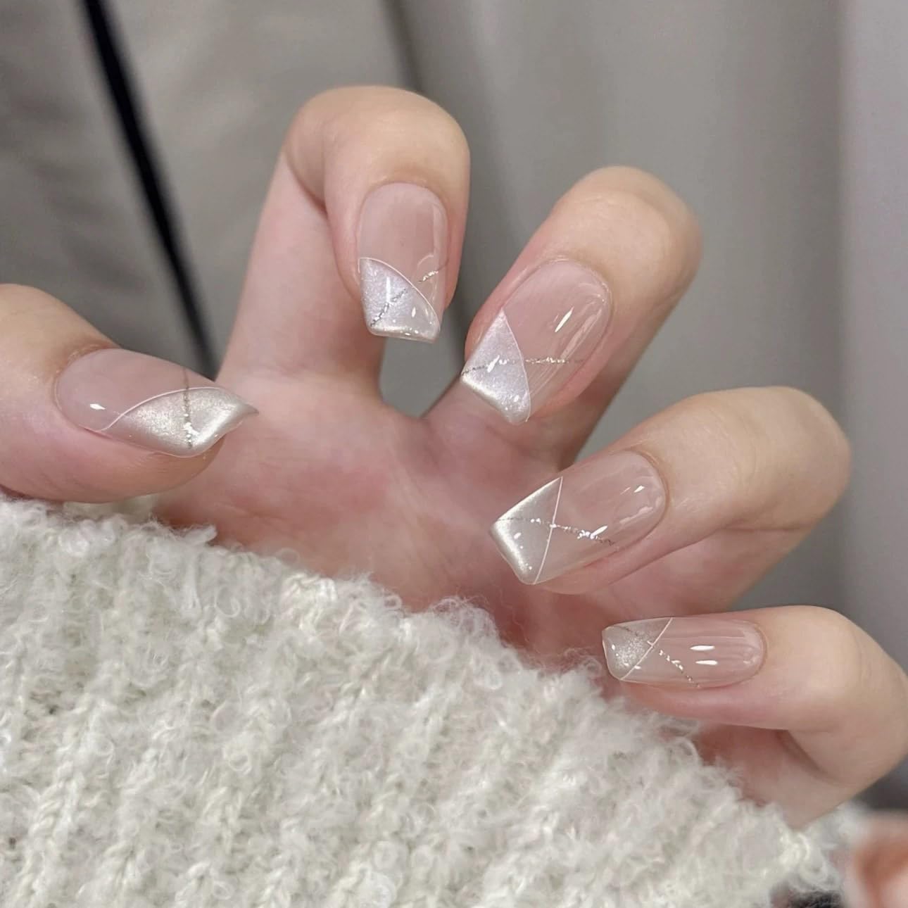 10Pcs Short Coffin Handmade Press On Nails | Nude Pink Ombre with Silver Glitter & Crisscross French Decor | Easy to Apply, Remove & Reusable, Salon-Quality (RR02, M)