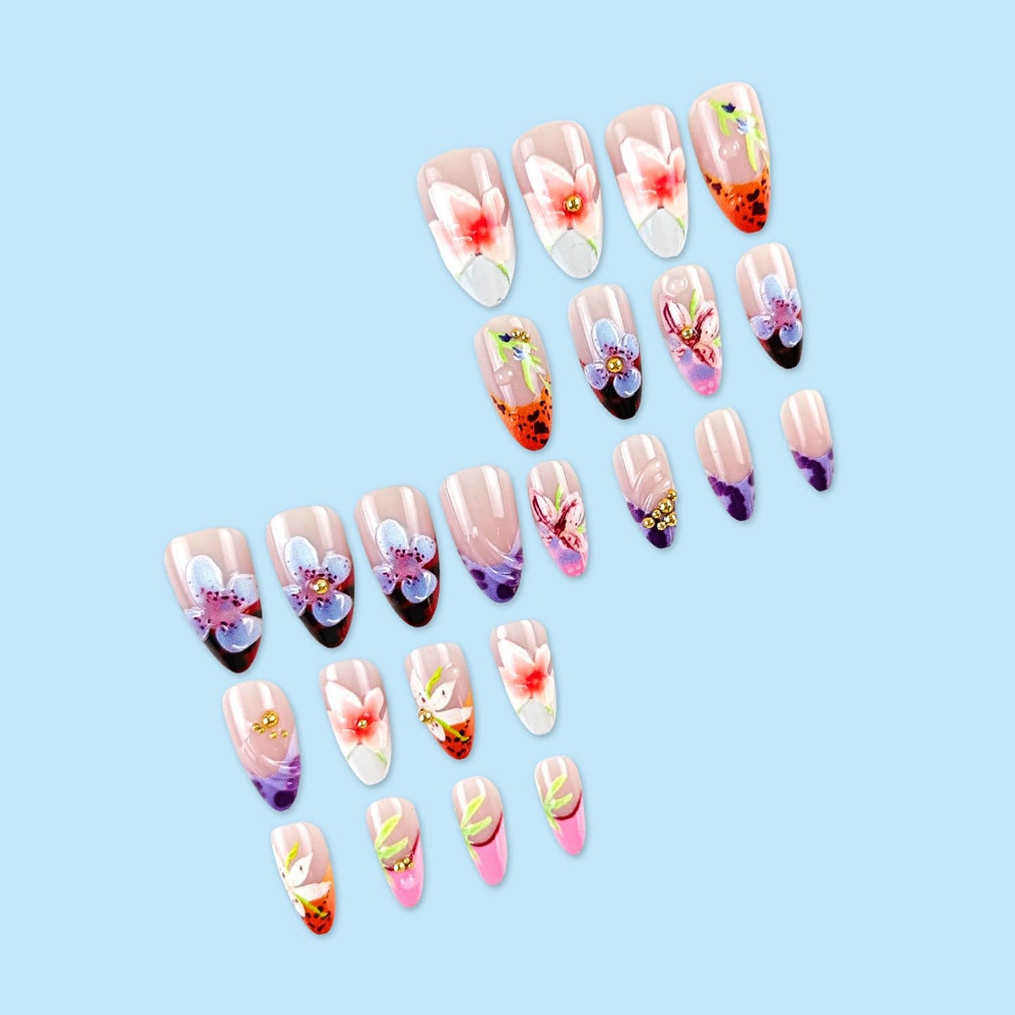 24Pcs Flower Press on Nails Medium Almond French Tip Fake Nails 3D Embossed Diamond Floral Nail Art with Romantic Almond Shape Handmade Stick on Nails French Nails for Women Manicure