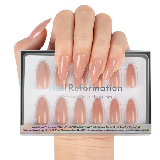 Nail Reformation Press On Nails, Trench Coat | Deep Nude Medium Almond Fake Nails in Glossy Finish, Salon Quality, Reusable Stick On Nails Kit - 30 Pcs in 15 Sizes with Glue, Manicure Gifts for Women